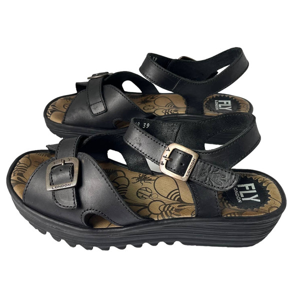 FLY LONDON EMITFLY WEDGE SANDALS IN BLACK LEATHER WOMEN SIZE EU39/US9 - Picture 6 of 10